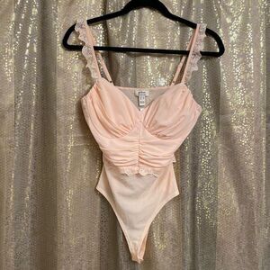 Privy Adoring Gaze Blush Pink Lace Mesh Ruffle Bodysuit, M NWT